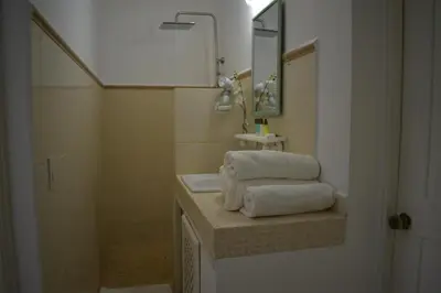 a bathroom with a sink and a shower with towels at Villa Brise de Mer in Las Terrenas