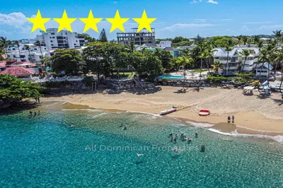 an aerial view of a beach with five stars at 