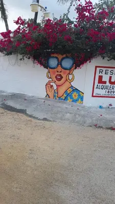 a mural of a woman with sunglasses on a wall at Residencial Lucy in Boca Chica