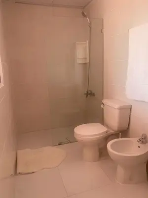 a white bathroom with a toilet and a shower at Residencial Lucy in Boca Chica
