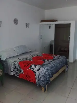 a bedroom with a bed with red roses on it at Appart-hotel Veras Samana No-14 in Santa Bárbara de Samaná