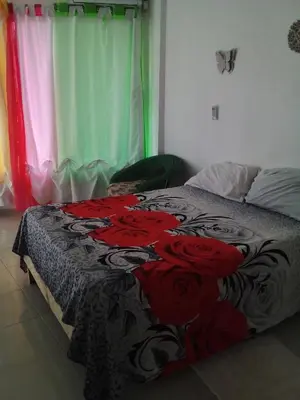 a bedroom with a bed with red roses on it at Appart-hotel Veras Samana No-14 in Santa Bárbara de Samaná