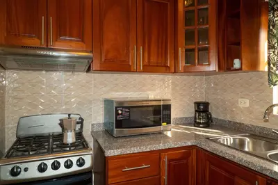 a kitchen with a stove and a microwave at Villa Gumio 2BR Apt- 7 min walk to Boca Chica Beach apts in Boca Chica