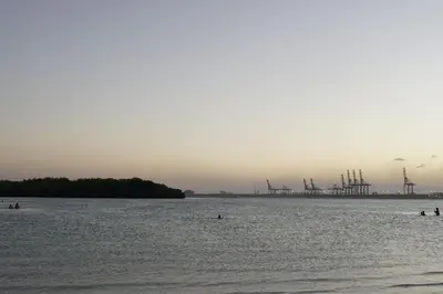 a large body of water with windmills in the distance at Villa Gumio 2BR Apt -7min walk Boca Chica Beach apts in Boca Chica