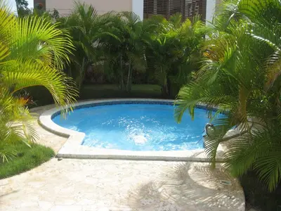 a swimming pool with palm trees in a yard at Laguna Golf in Punta Cana