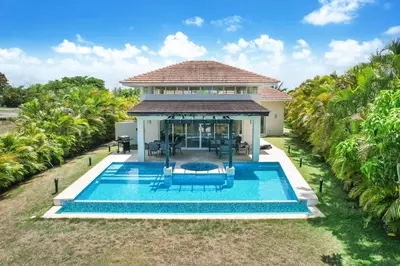 an aerial view of a villa with a swimming pool at Stunning 3-Bedroom Villa with Pool, Jacuzzi and Maid near Bavaro Beach in Punta Cana