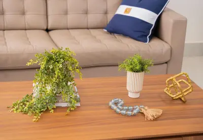 a living room with a table with plants and a couch at Hotel Stay Here Suites in Santo Domingo