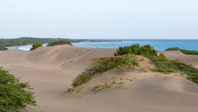 people walking on the sand dunes at the beach at Sava Salinas in Las Salinas
