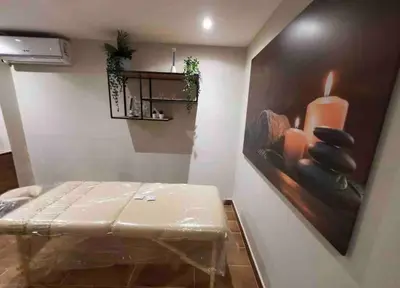 a room with a bench and a painting on the wall at VIP DELUXE SUITE AND TOWER E11 POOL_GYM_SAUNE_WIFE in Santo Domingo