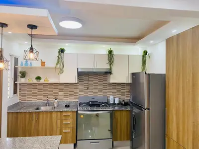 a kitchen with a stainless steel refrigerator and wooden cabinets at Confortable y lujoso apartamento en santiago in Santiago de los Caballeros