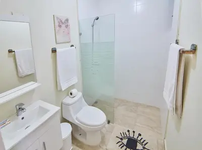 a bathroom with a toilet and a sink and a shower at Rentamos Aparta Estudio for short or long stay in Santo Domingo