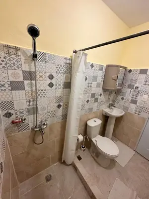 a bathroom with a toilet and a shower at Our Cozy Home, Wi-Fi, AC, Parking, Near Beaches and Attractions in quiet area in Nagua