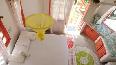 an overhead view of a living room with a yellow balloon at Casa Delfin Guest House in Las Terrenas