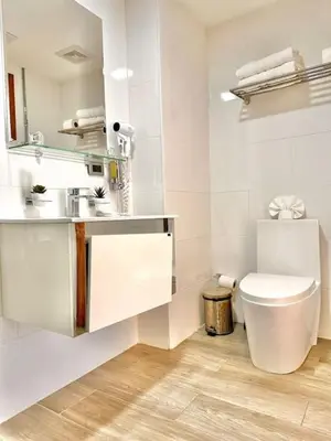 a white bathroom with a toilet and a sink at New Loft Apt Full AC King Bed in Santo Domingo