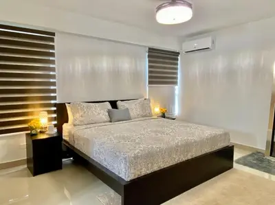 a bedroom with a large bed in a room at Stylish Apt Full AC King Bed in Los Prados