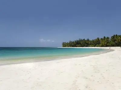 a white beach with trees in the distance at RIBERAMAR Las Terrenas, Samana in Las Terrenas