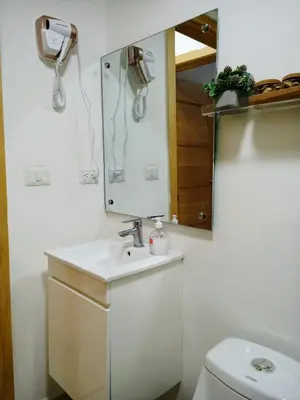 a bathroom with a sink and a mirror and a toilet at Elegant and confortable close to Boca Chica Beach in Boca Chica
