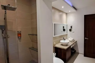 a bathroom with a sink and a toilet and a shower at Deluxe villa with jacuzzi and beautiful garden in Santiago de los Caballeros