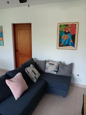 a blue couch in a living room with a painting at Bonita Village Beachfront Apt with Pool & Balcony in Las Terrenas