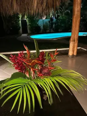 a bouquet of red flowers in a plant at Las Terrenas Villa- King Bed, Beaches & Dining in Las Terrenas