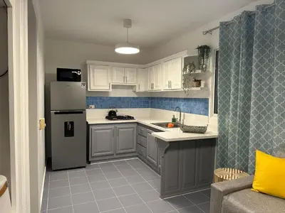 a small kitchen with white cabinets and a refrigerator at EL TOUCAN, Apartament in bayahibe in Bayahibe