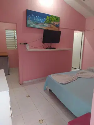 a room with a bed and a tv on a pink wall at Central Rooms Bayahibe in Bayahibe