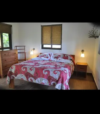 a bedroom with a bed with a red comforter at Hotel Piedra Marron in Las Terrenas