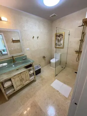 a bathroom with a sink and a toilet and a mirror at SEAWINDS CABARETE Front beach Condo in Cabarete