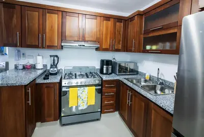a kitchen with wooden cabinets and a stove top oven at Breezes by TECASA in Santiago de los Caballeros