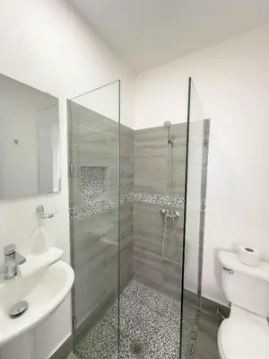 a bathroom with a shower and a toilet and a sink at La Yarolina in Punta Cana