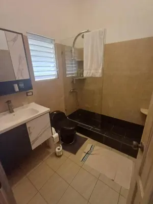 a bathroom with a shower and a toilet and a sink at Mangobich in Punta Balandra