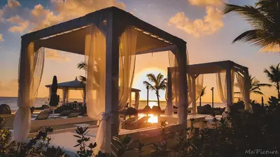 a wedding ceremony on the beach at sunset at TRACADERO Beach Club & Holidays Rentals in Bayahibe
