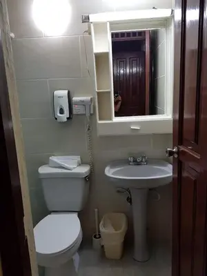 a bathroom with a toilet and a sink and a mirror at Hotel Plaza Europa in Sosúa
