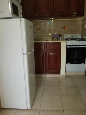 a kitchen with a white refrigerator and wooden cabinets at Hotel Plaza Europa in Sosúa