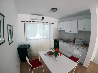 a kitchen with a table with a vase of flowers on it at Coral Blanco Hotel in Sosúa