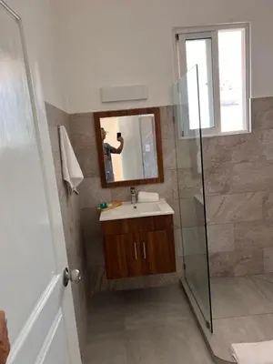 a bathroom with a sink and a mirror and a shower at EMY HOUSE in La Laguna