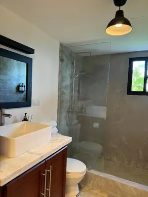 a bathroom with a shower and a sink and a toilet at Catalina, Cabrera Oceanview Multi 2 BD 2 Bath Condo Units with Balcony and Pool in Caño Seco