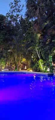 a pool of purple water with trees in the background at Habitación doble Villa Marchena Azua in Azua de Compostela