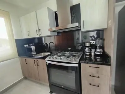 a kitchen with a stove top oven next to a sink at Refa 304 in Santo Domingo