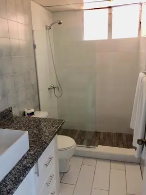 a bathroom with a shower and a toilet at Cita del Sol City Apartments in Cabarete