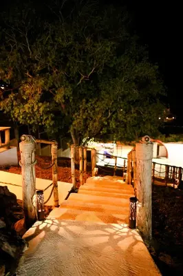 a pathway with a tree and a bench at night at Hotel Don Bululo Camping Lodge in Punta Rucia