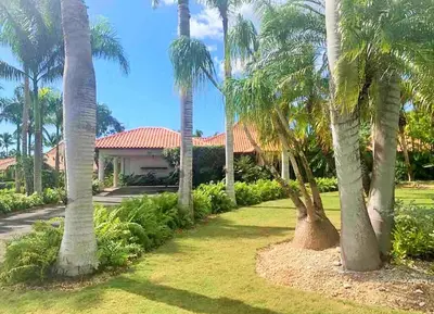 a group of palm trees in front of a house at Villa Mariposa in Cajuiles
