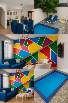 a collage of four pictures of a living room with a mural at Villa Privada con Piscina a Minutos del Aeropuerto de Santo Domingo in Boca Chica