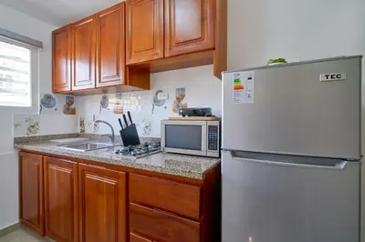 a kitchen with a white refrigerator and wooden cabinets at Escape Studio Close to Agora Mall in Santo Domingo