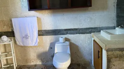a bathroom with a toilet and a sink and a towel at Apartamentos JGB in Sosúa Abajo