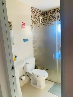 a bathroom with a toilet and a sink and a shower at Plataview Apartahotel apt 3A in Monte Plata