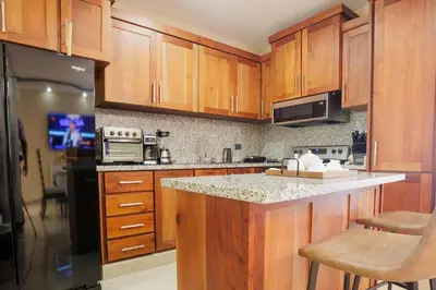a kitchen with wooden cabinets and a black refrigerator at Luxury Penthouse in San Francisco de Macorís