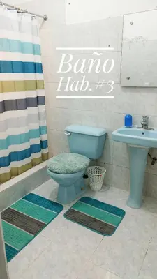 a bathroom with a blue toilet and a sink at Camu in Camú