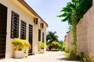 a building with a palm tree next to a sidewalk at Apart Hotel Costa Verde - #2 Exclusivo y Seguro cama King zise in Las Galeras