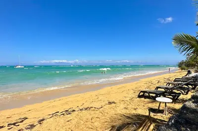 a beach with chaise lounge chairs and the ocean at La Fenice Beachfront 3 Bedroom With Parking in Las Terrenas